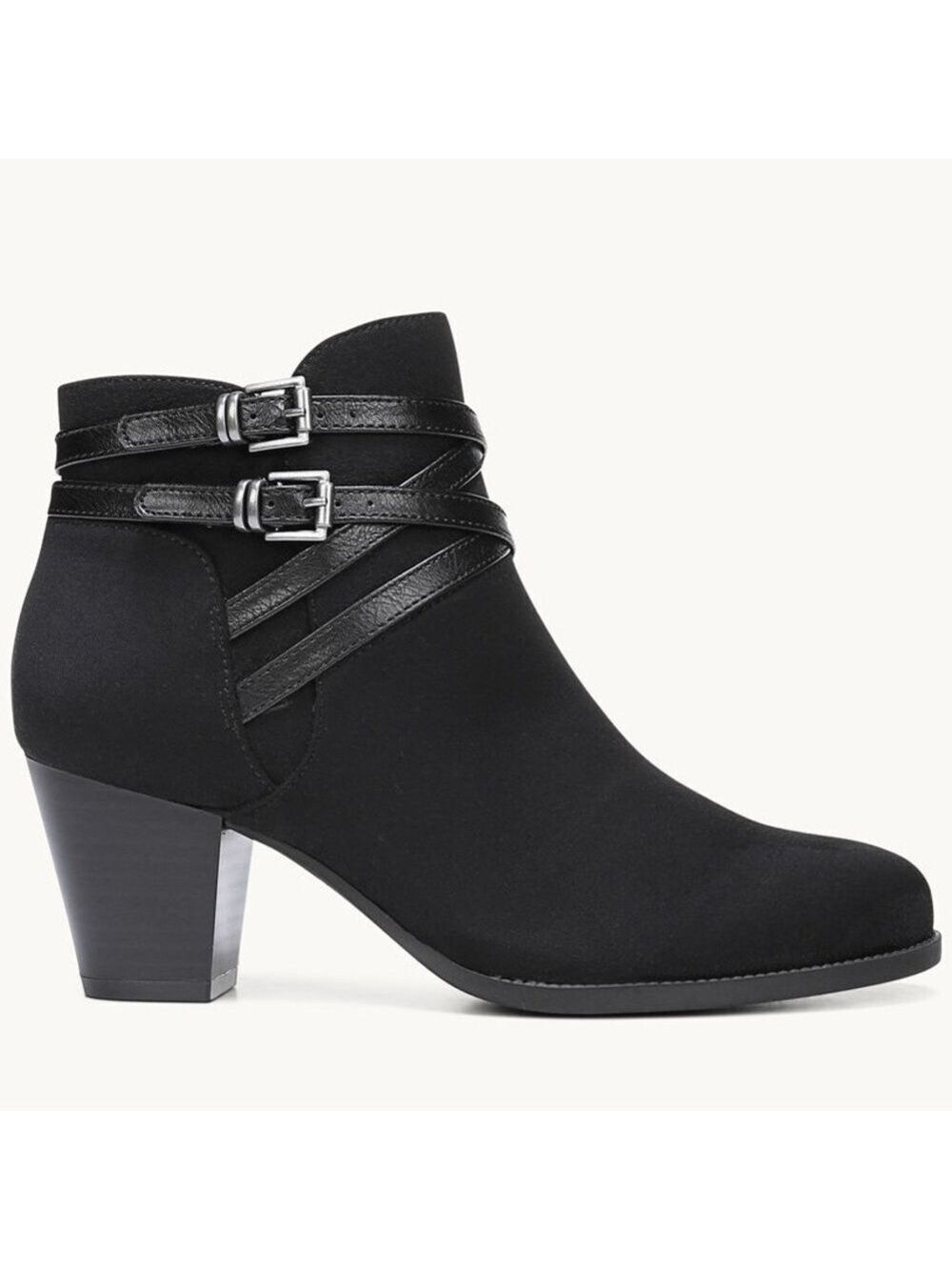 LifeStride Jezebel Microsuede Block Heel Almond Toe Ankle Boot Bootie in Black